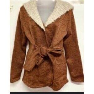 Simply Noelle Cozy Up Brown With Cream Lapel Knit Jacket‎ Size Large Belted